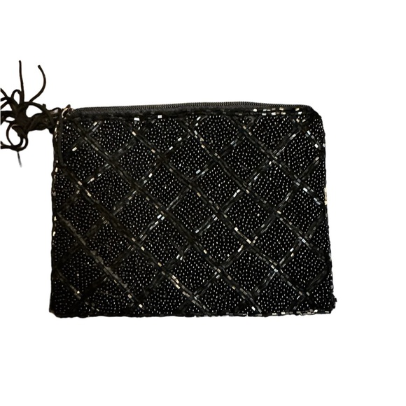 RARE LANCOME VINTAGE beaded black evening bag purse zip closure clutch handbag - Picture 1 of 8